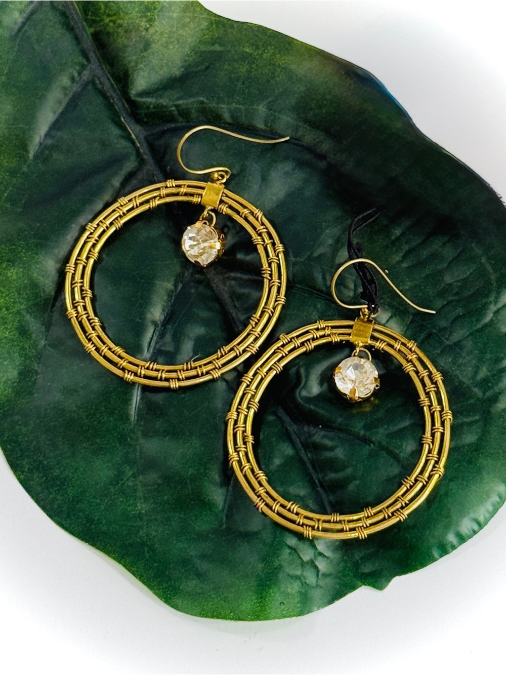 Lena Bernard Designer Artisan Gold Wire statement hoop earrings with Crystal NWT